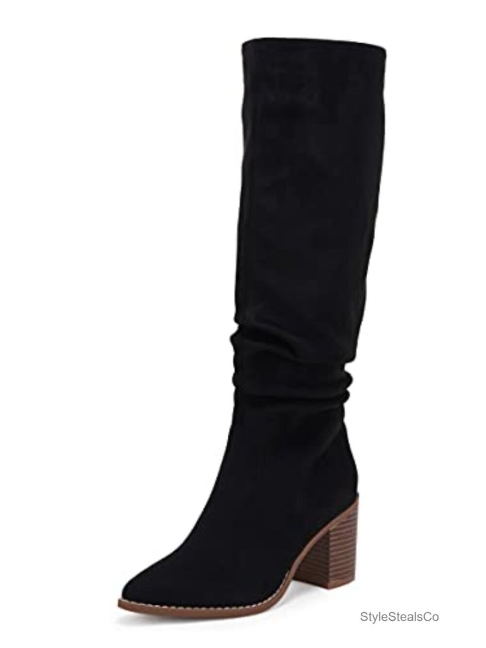 Pointed Toe Chunky Heel Knee High Boots Side Zipper Faux Suede